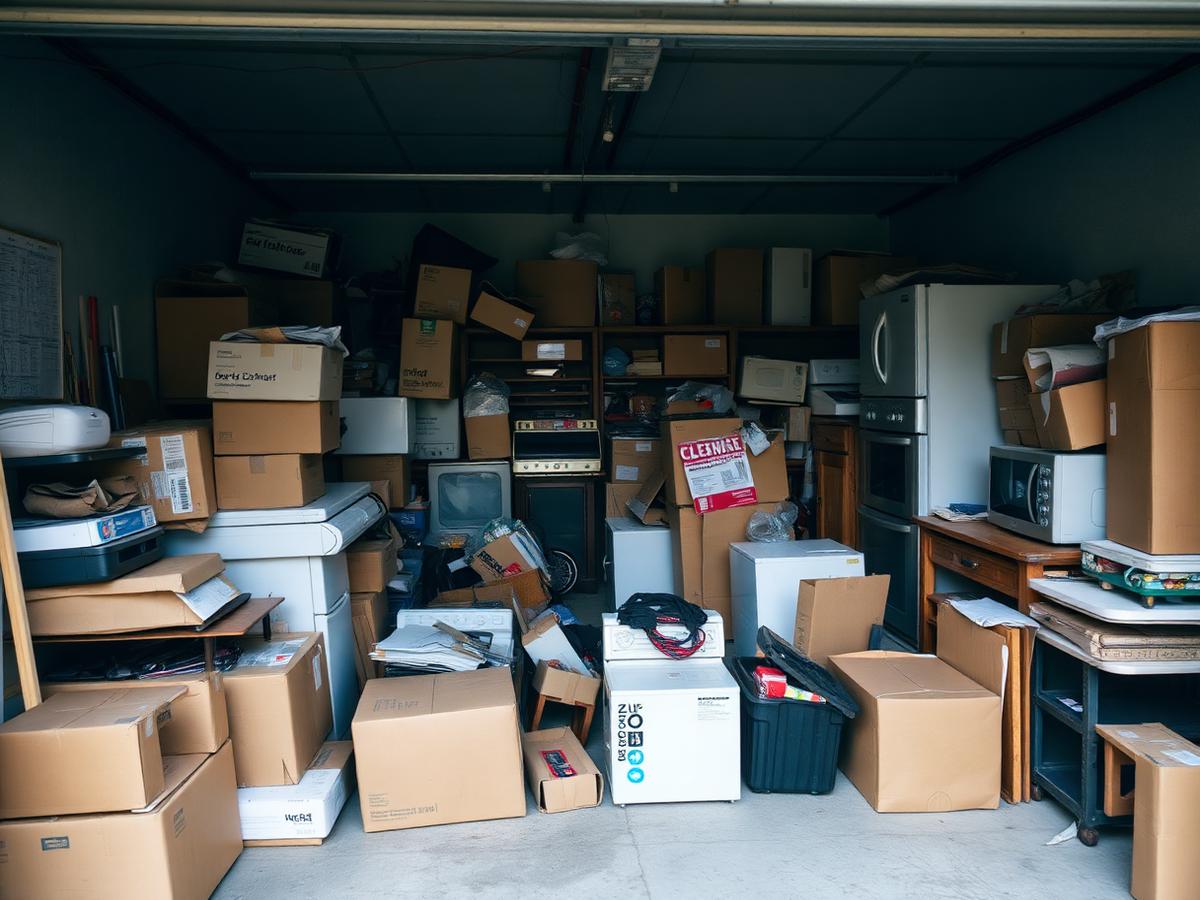 Garage packed with boxes and old appliances before a cleanout